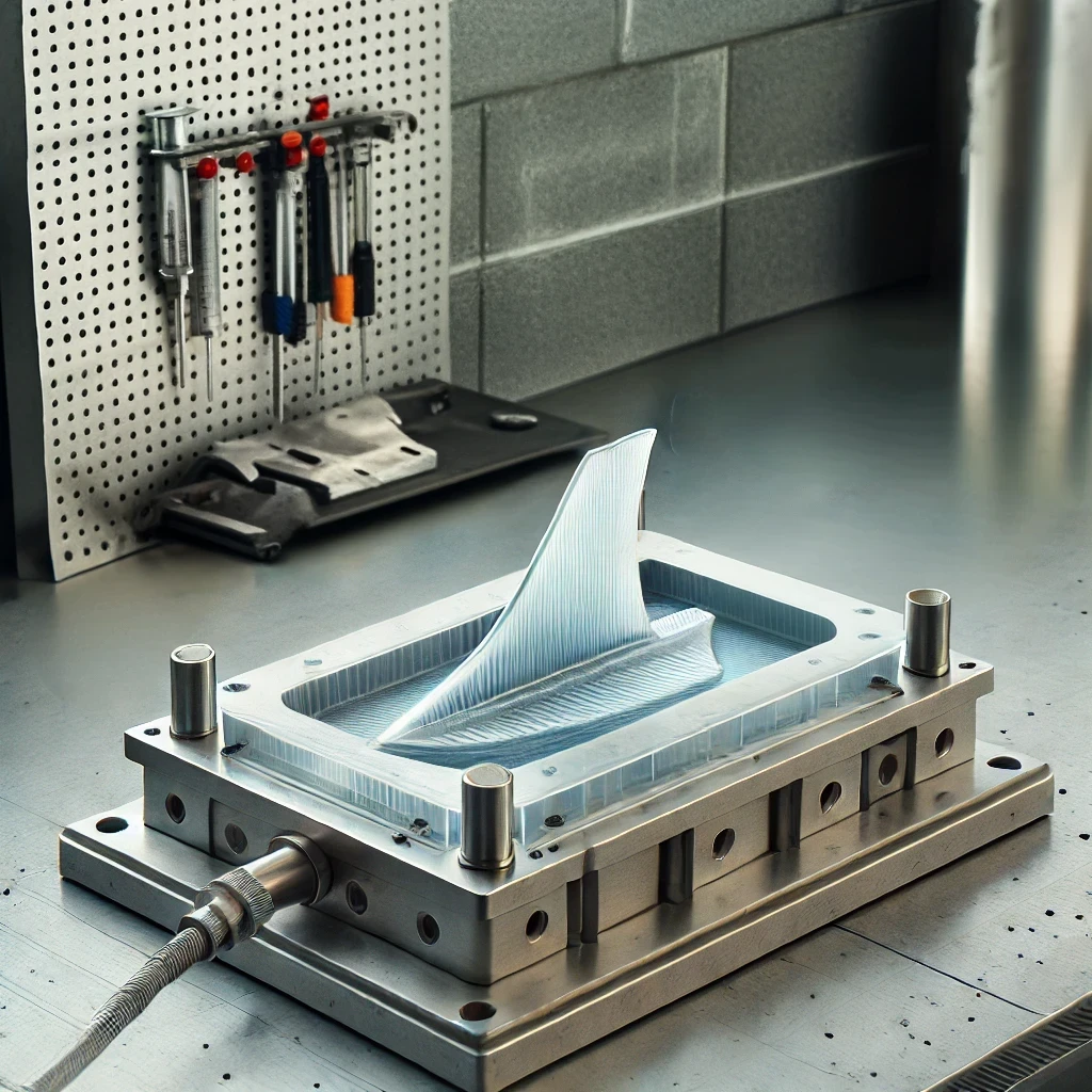 Realistic Resin Transfer Molding (RTM) setup with a compact mold covered in a transparent plastic sheet, used for FRP composite manufacturing. High-precision hand lapping process used for achieving ultra-smooth and accurate surface finishes in industrial components.